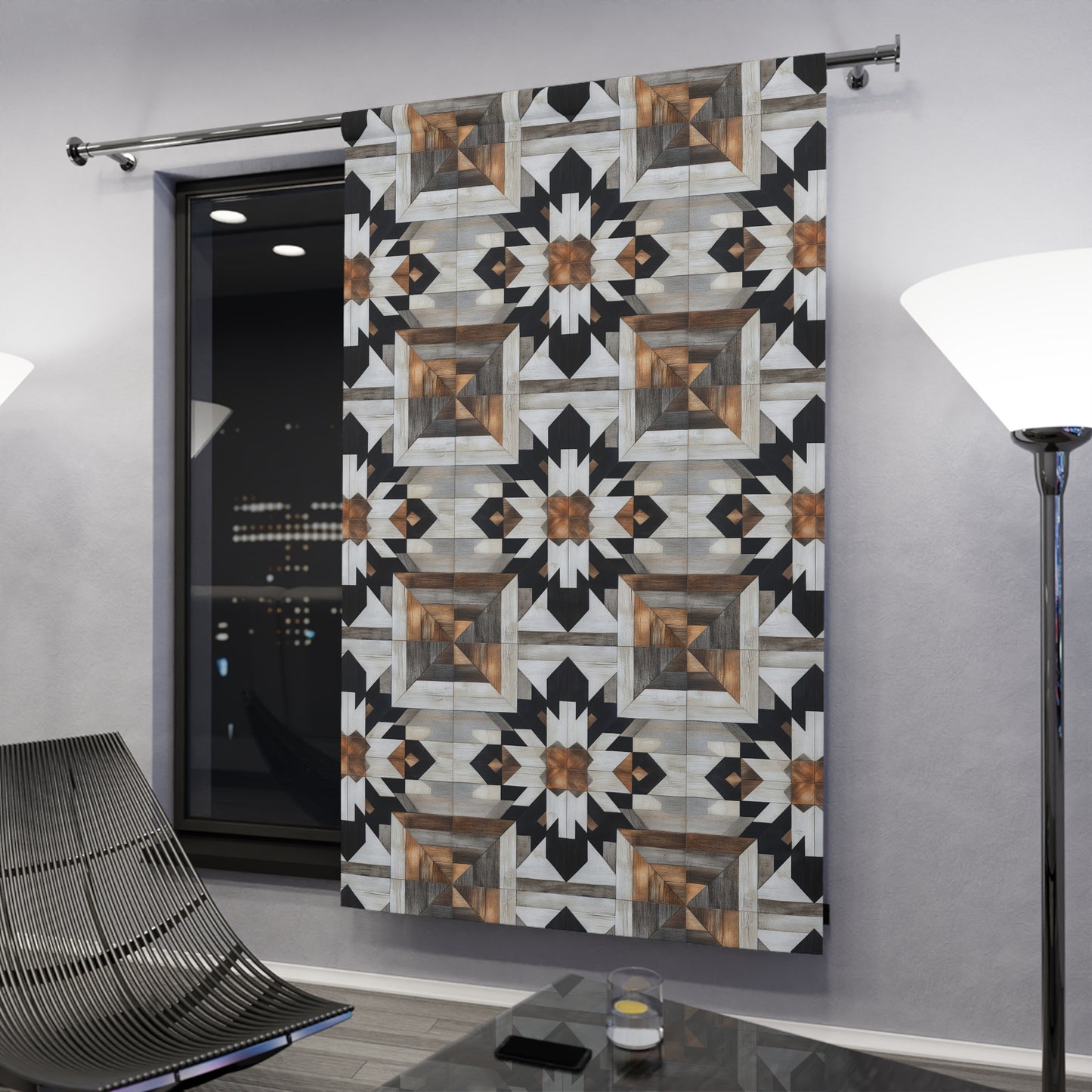 Geometric Boho Window Curtain, Modern Home Decor, Black and Brown Fabric Panel, Living Room Drapes, Unique Curtain Treatment