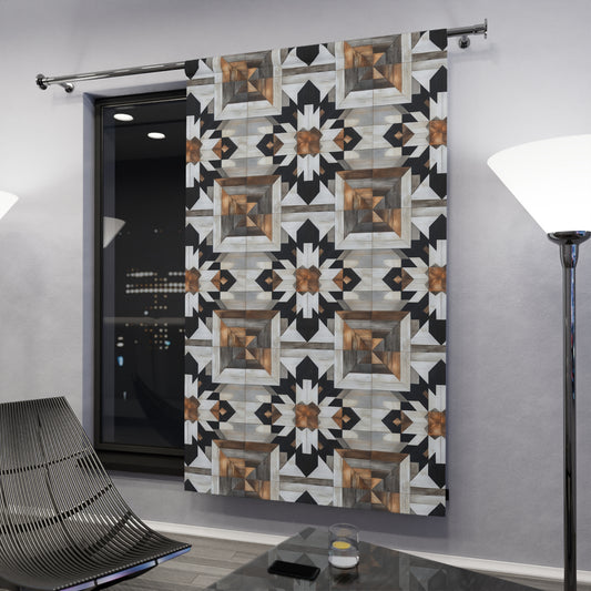 Geometric Boho Window Curtain, Modern Home Decor, Black and Brown Fabric Panel, Living Room Drapes, Unique Curtain Treatment