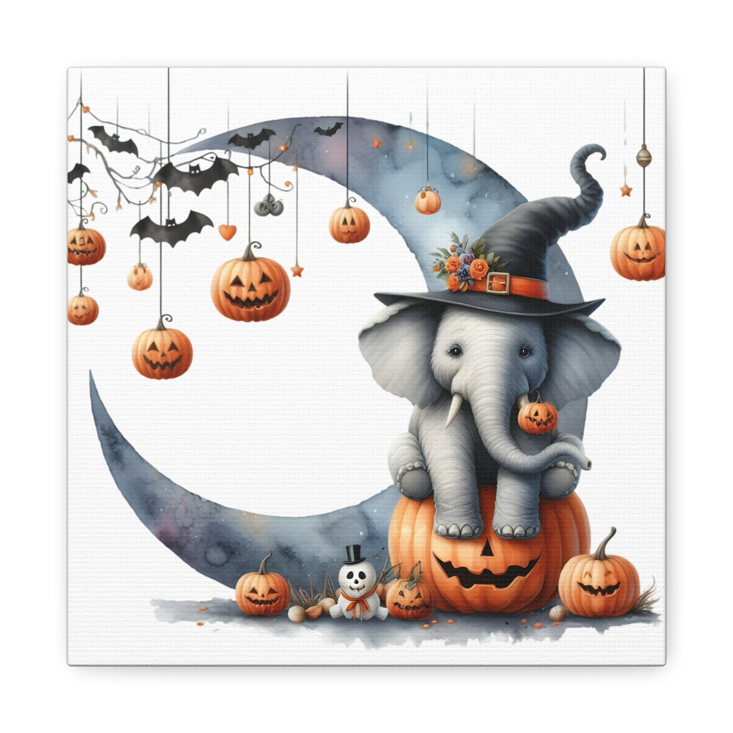 Halloween Elephant Canvas Wall Art, Cute Fall Decor, Pumpkin Elephant Print, Kids Room Decor, Seasonal Home Decoration