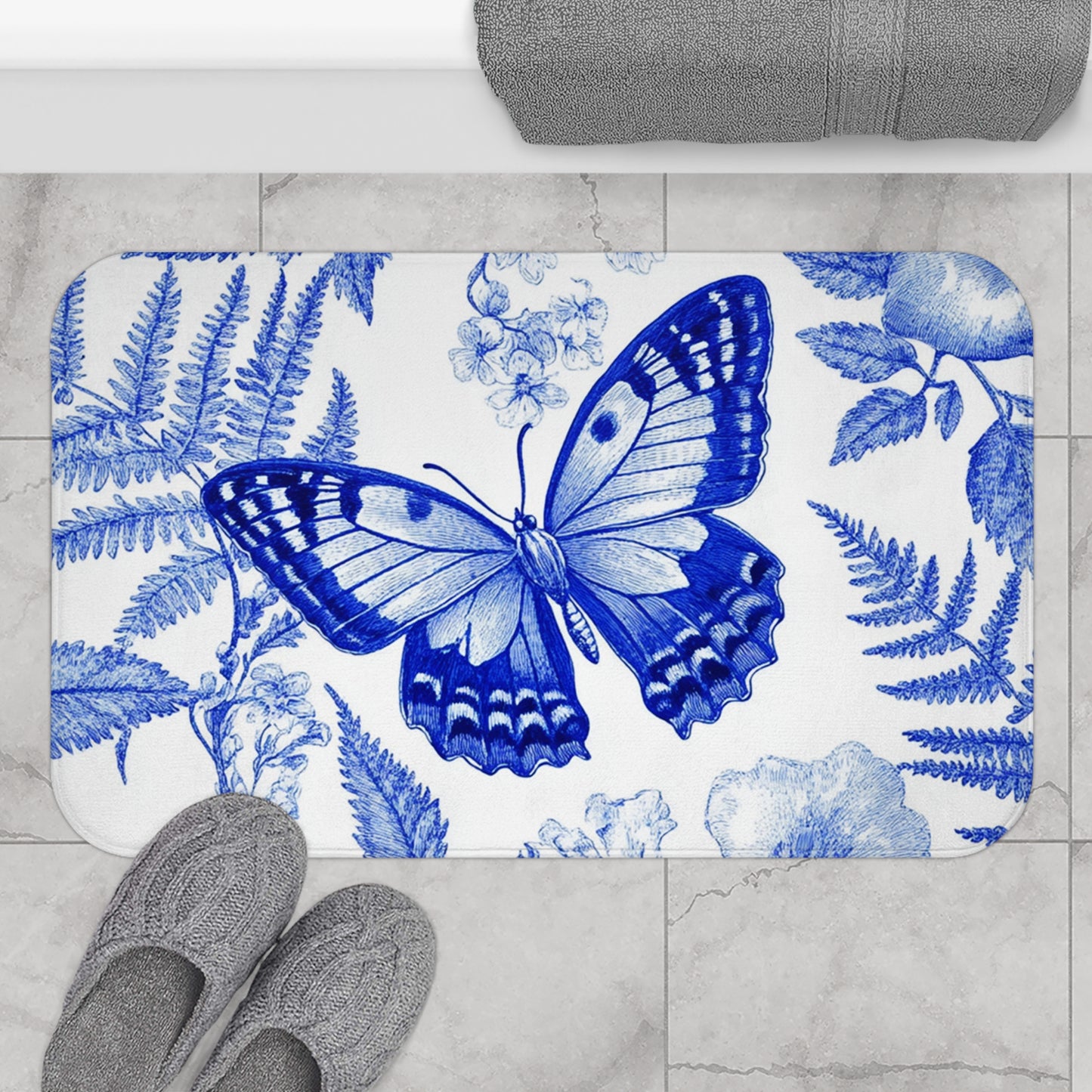 Elegant Butterfly Bath Mat, Floral Bathroom Decor, Blue Butterfly Home Accessory, Luxurious Bathing Experience, Gift for Nature Lovers