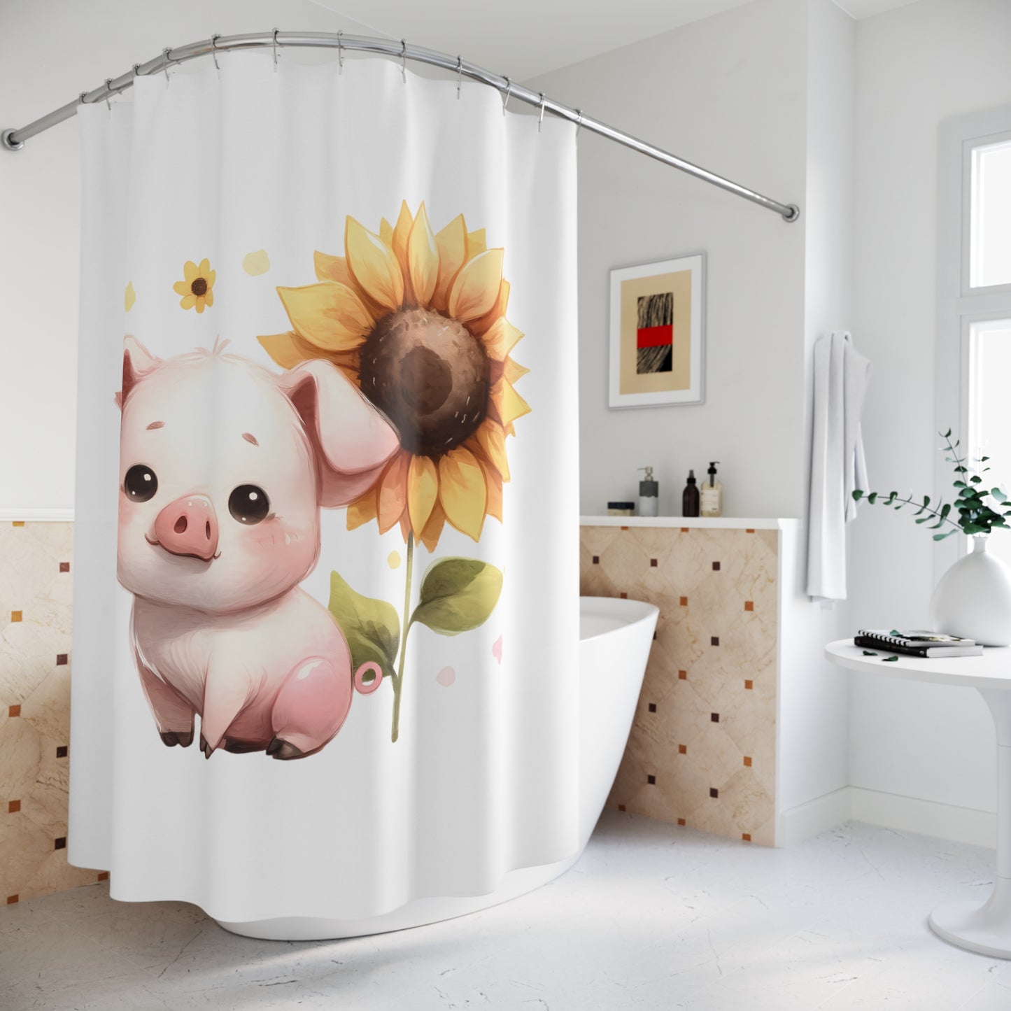 Cute Pig & Sunflower Shower Curtain - Adorable Farmhouse Decor, Gift for Animal Lovers, Kids' Bathroom, Farmhouse Style