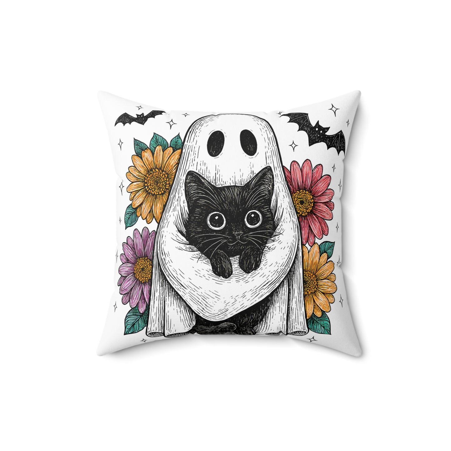 Adorable Ghost Cat Pillow with Floral Accents, Halloween Home Decor, Cozy Throw Pillow, Gift for Cat Lovers, Fall Decor