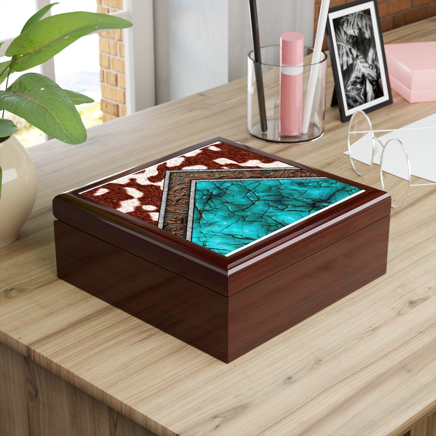 Rustic Turquoise Jewelry Box, Stylish Organizer, Cowhide Decor, Gift for Nature Lovers, Wedding, Anniversary
