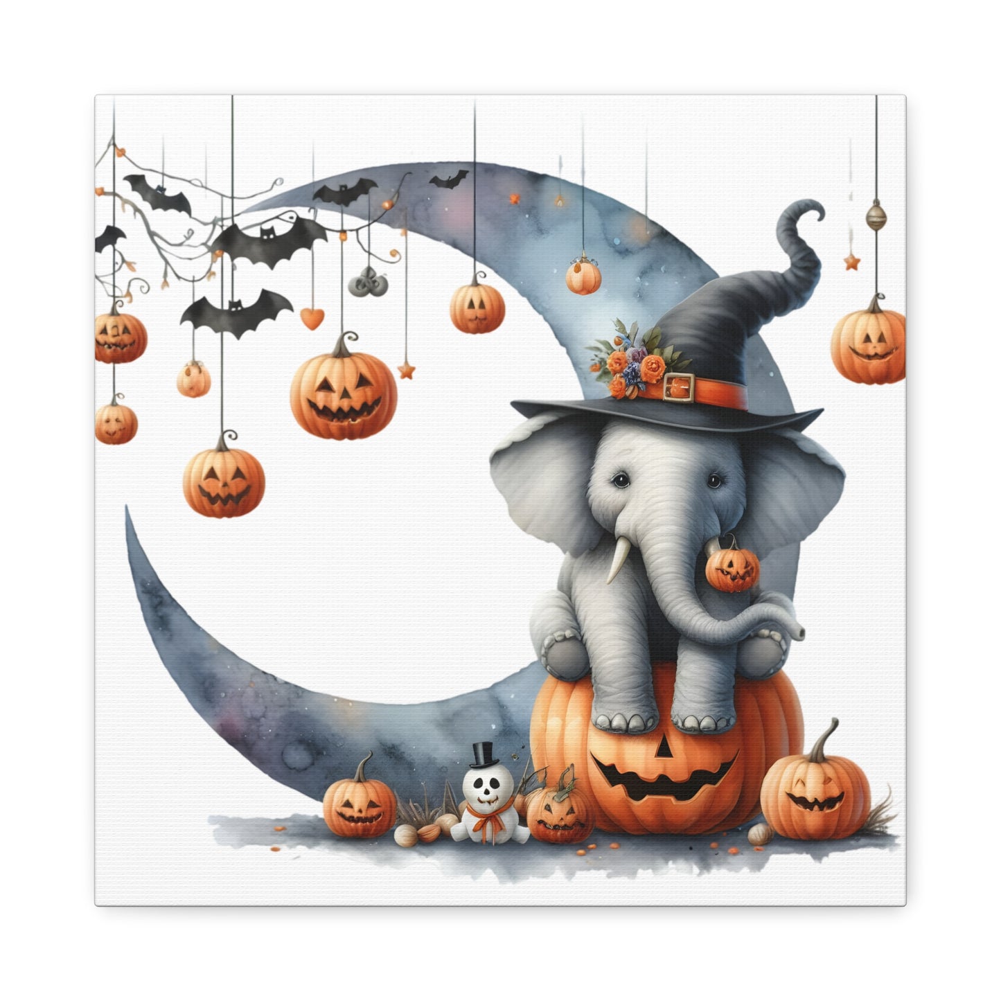 Halloween Elephant Canvas Wall Art, Cute Fall Decor, Pumpkin Elephant Print, Kids Room Decor, Seasonal Home Decoration