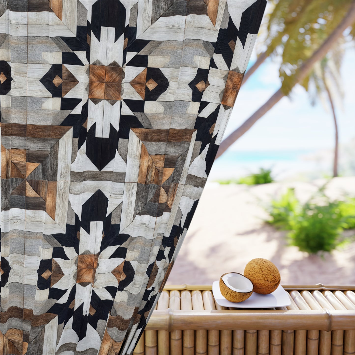 Geometric Boho Window Curtain, Modern Home Decor, Black and Brown Fabric Panel, Living Room Drapes, Unique Curtain Treatment