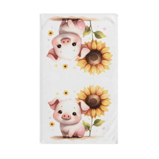Adorable Piglet Hand Towel with Sunflower, Cute Kitchen Decor, Gift for Animal Lovers, Farmhouse Style, Baby Shower Gift