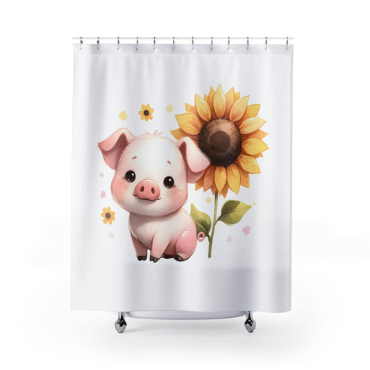 Cute Pig & Sunflower Shower Curtain - Adorable Farmhouse Decor, Gift for Animal Lovers, Kids' Bathroom, Farmhouse Style