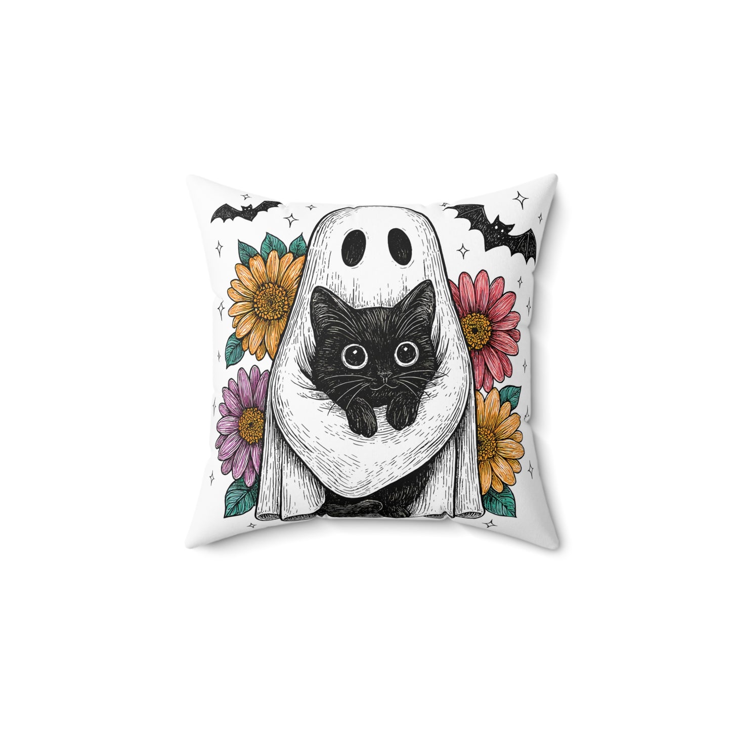 Adorable Ghost Cat Pillow with Floral Accents, Halloween Home Decor, Cozy Throw Pillow, Gift for Cat Lovers, Fall Decor