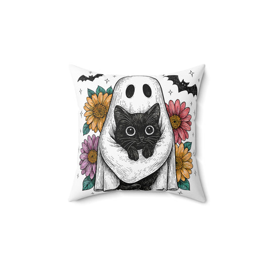 Adorable Ghost Cat Pillow with Floral Accents, Halloween Home Decor, Cozy Throw Pillow, Gift for Cat Lovers, Fall Decor