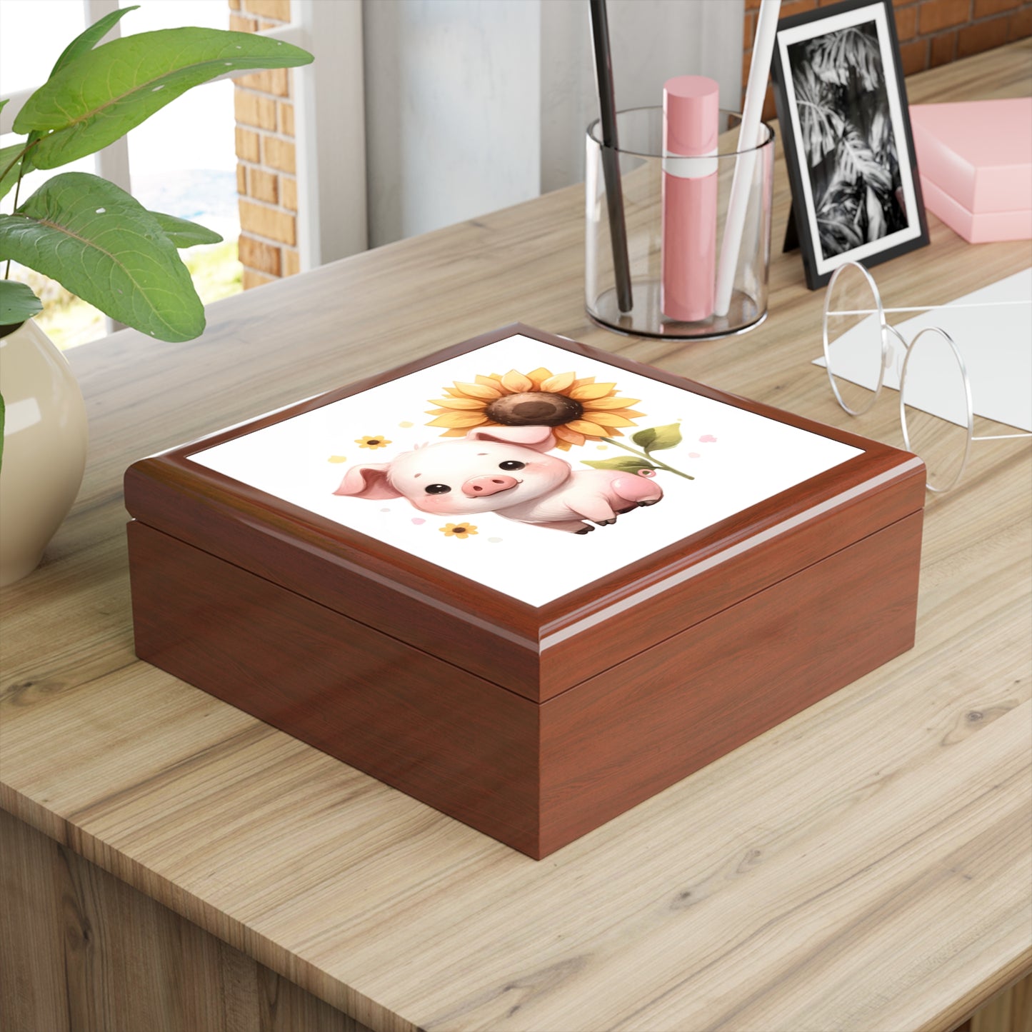Cute Pig Jewelry Box with Sunflower, Piggy Storage, Animal Decor, Perfect Gift for Animal Lovers, Kids Jewelry Organizer