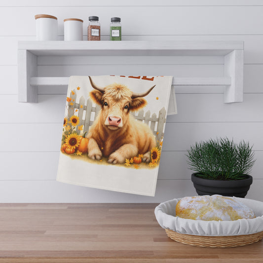 Autumn Cow Tea Towel, Farmhouse Decor, Fall Kitchen Towel, Thanksgiving Gift, Rustic Home Accessory