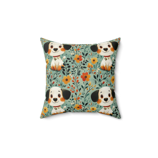 Adorable Dog Print Square Pillow, Cute Dog Decor, Pet Lover Gift, Floral Dog Cushion, Cozy Home Accent