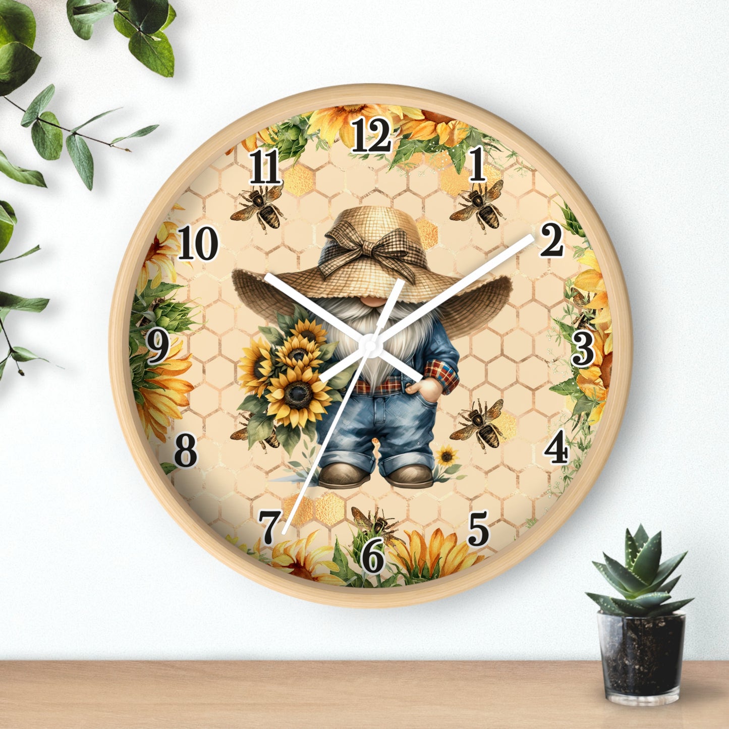 Sunflower Farmer Wall Clock, Rustic Home Decor, Farmhouse Gift, Bee Theme Clock, Country Style Wall Art