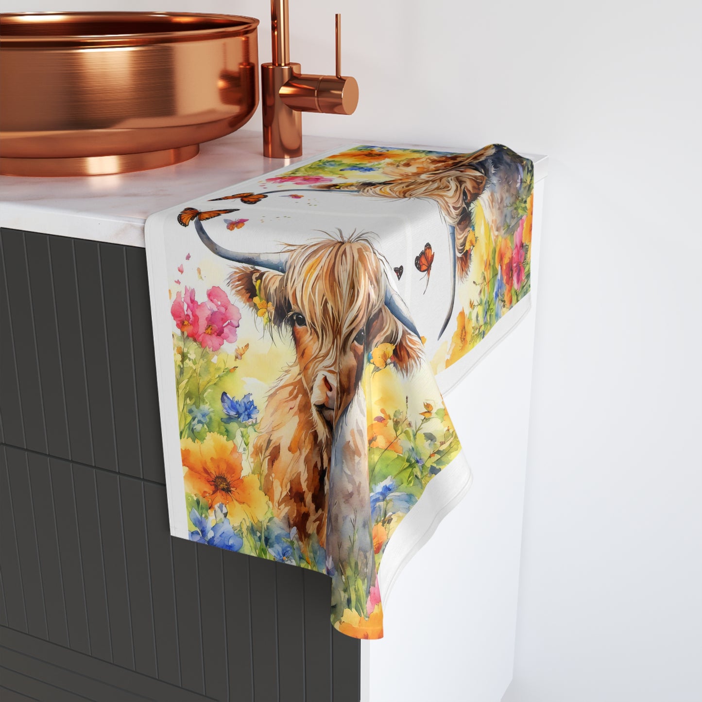 Highland Cow Hand Towel, Farmhouse Kitchen Decor, Floral Bath Towel, Cow Lover Gift, Rustic Home Accessory