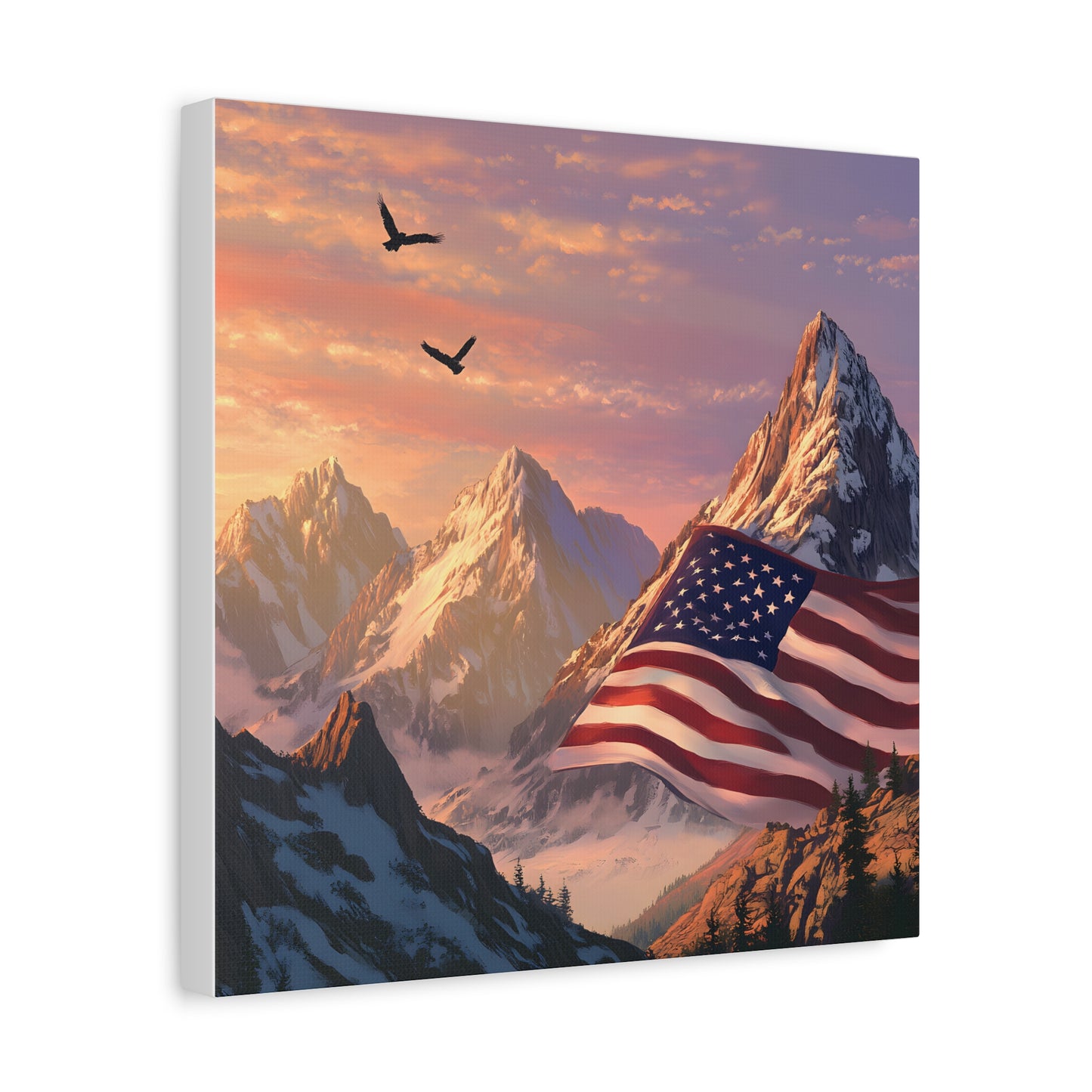 Patriotic Canvas Wall Art, Mountain Landscape with American Flag, Home Decor, Gift for Veterans, Nature Print, 4th of July Decoration
