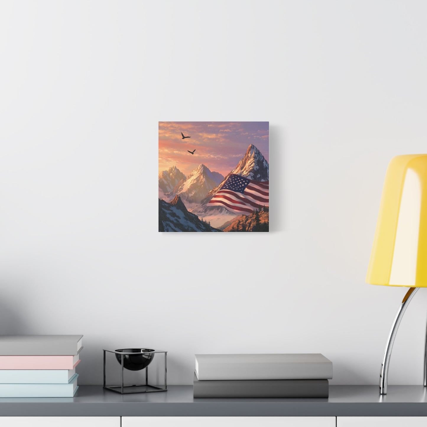 Patriotic Canvas Wall Art, Mountain Landscape with American Flag, Home Decor, Gift for Veterans, Nature Print, 4th of July Decoration