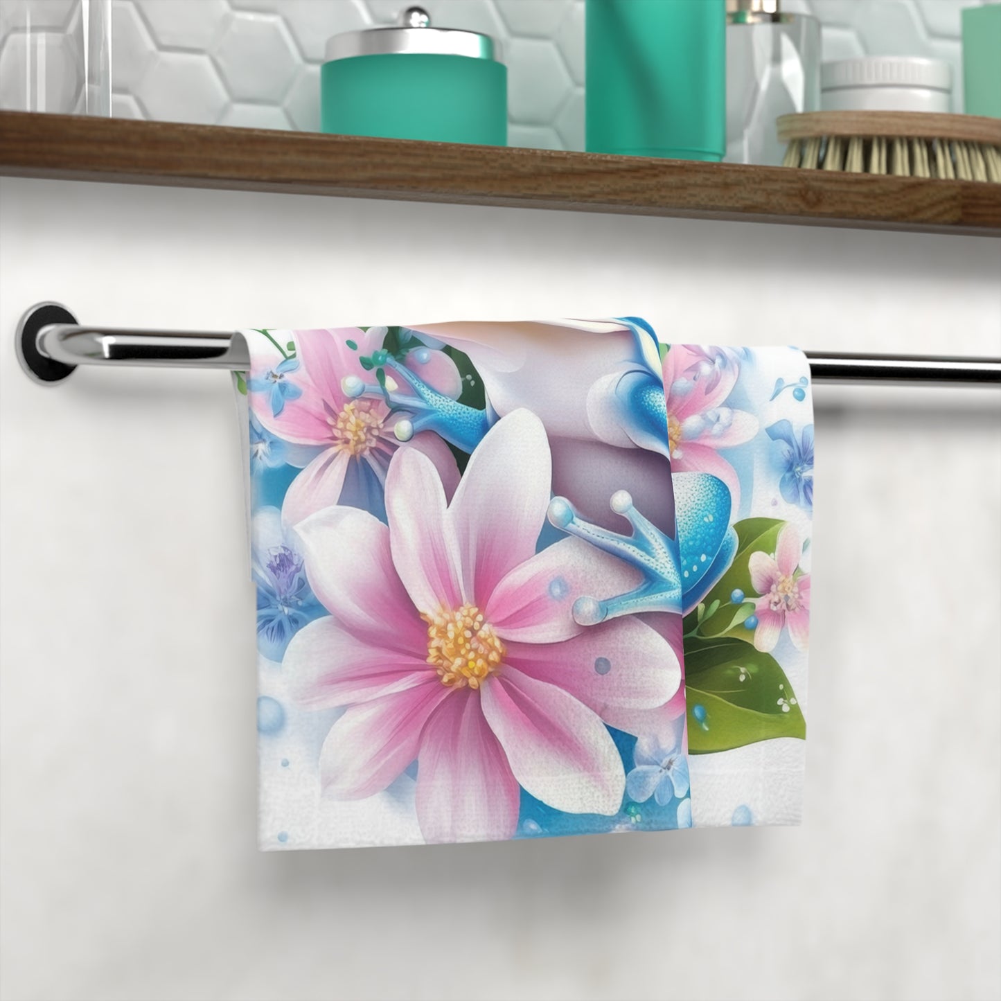 Vibrant Frog Face Towel, Floral Bathroom Accessory, Cute Guest Towel, Perfect for Nature Lovers, Spring Decor