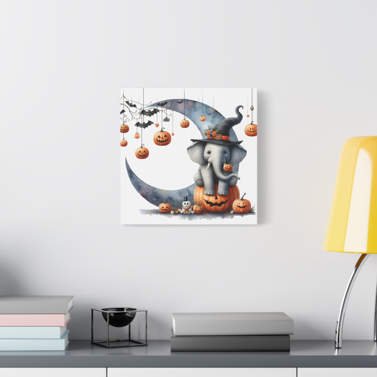 Halloween Elephant Canvas Wall Art, Cute Fall Decor, Pumpkin Elephant Print, Kids Room Decor, Seasonal Home Decoration