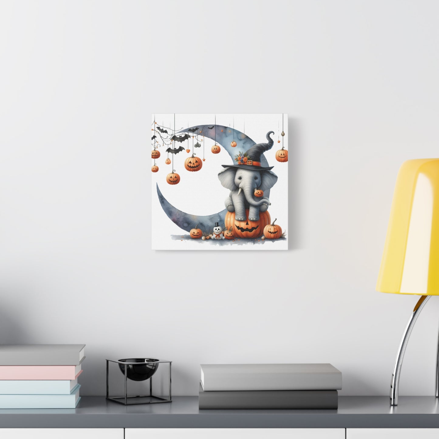 Halloween Elephant Canvas Wall Art, Cute Fall Decor, Pumpkin Elephant Print, Kids Room Decor, Seasonal Home Decoration
