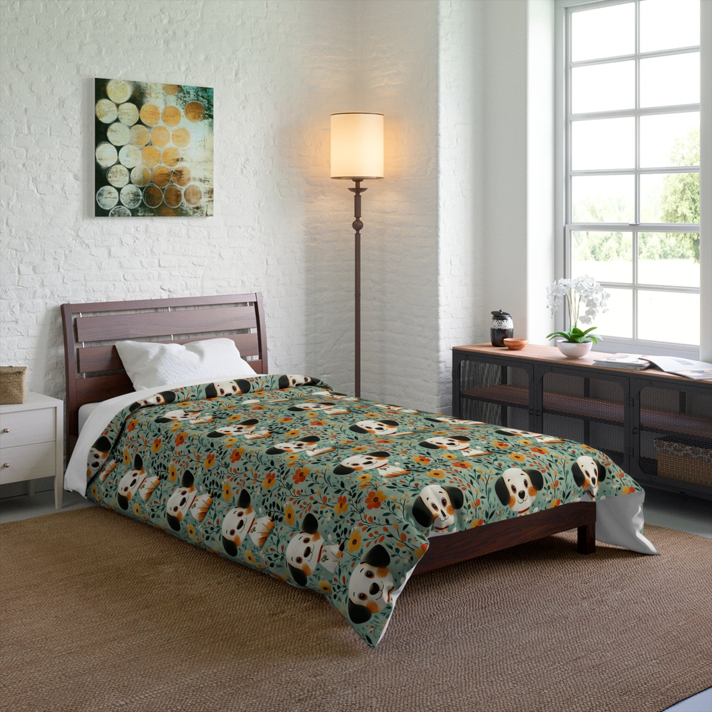 Cozy Dog-Themed Comforter | Cute Puppy Bedding for Pet Lovers, Floral Pattern Blanket, Unique Housewarming Gift, Kids Bedroom Decor