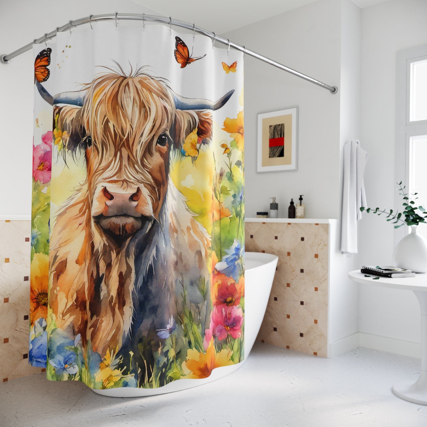Rustic Floral Cow Shower Curtain, Farmhouse Bathroom Decor, Country Style, Boho Chic, Nature-Inspired Home Accessories, Unique Gift Idea