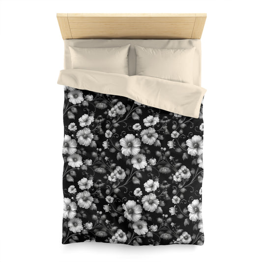 Floral Microfiber Duvet Cover | Elegant Black & White Bedding, Boho Home Decor, Gift for Her, Cozy Bedroom Essentials, Floral Decor
