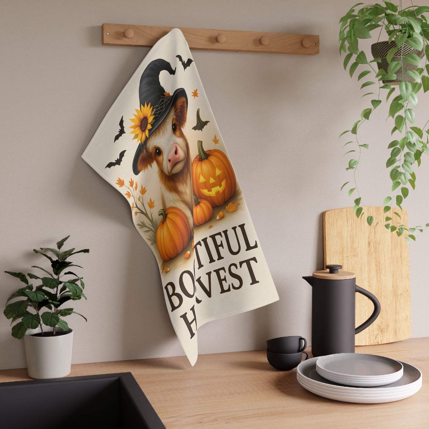 Autumn Farmhouse Tea Towels, Fall Kitchen Decor, Pumpkin & Cow Design, Rustic Home Gift, Halloween Kitchen Accessories