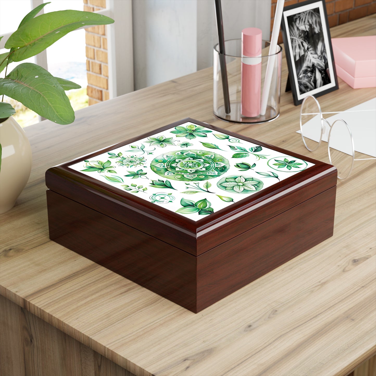 Elegant Floral Jewelry Box | Decorative Storage for Rings, Earrings, Gifts, Home Decor, Green Botanical Theme