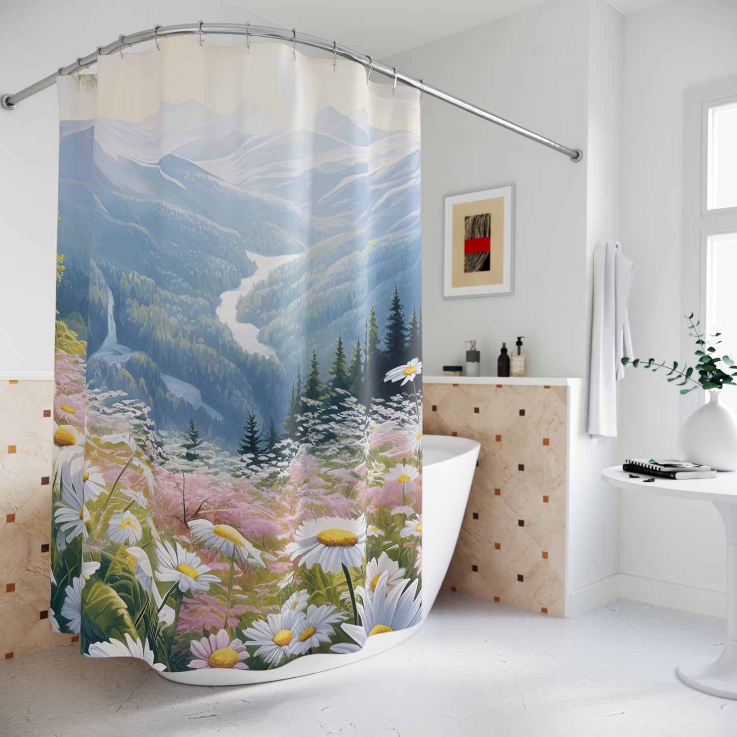 Nature-Inspired Shower Curtain, Floral Bathroom Decor, Mountain Landscape Curtain, Boho Home Essentials, Spring Vibes