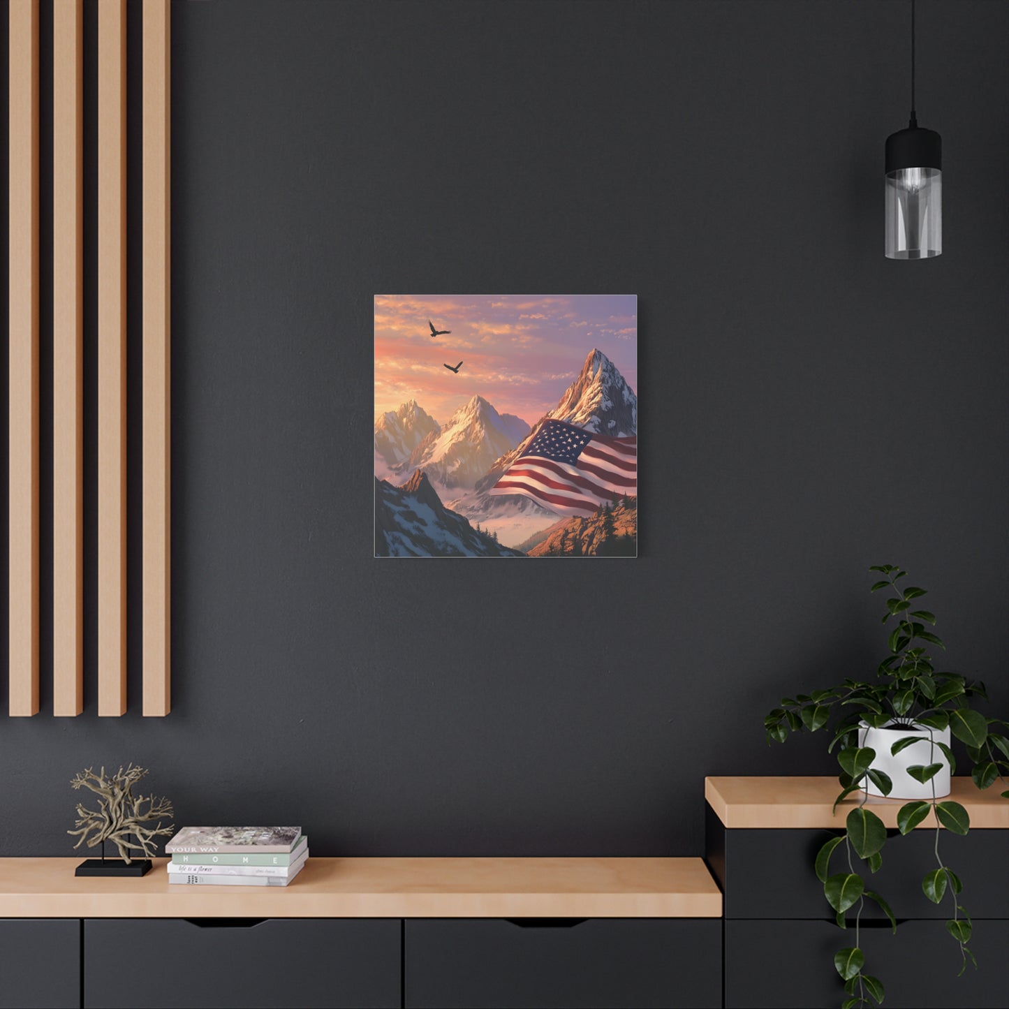 Patriotic Canvas Wall Art, Mountain Landscape with American Flag, Home Decor, Gift for Veterans, Nature Print, 4th of July Decoration