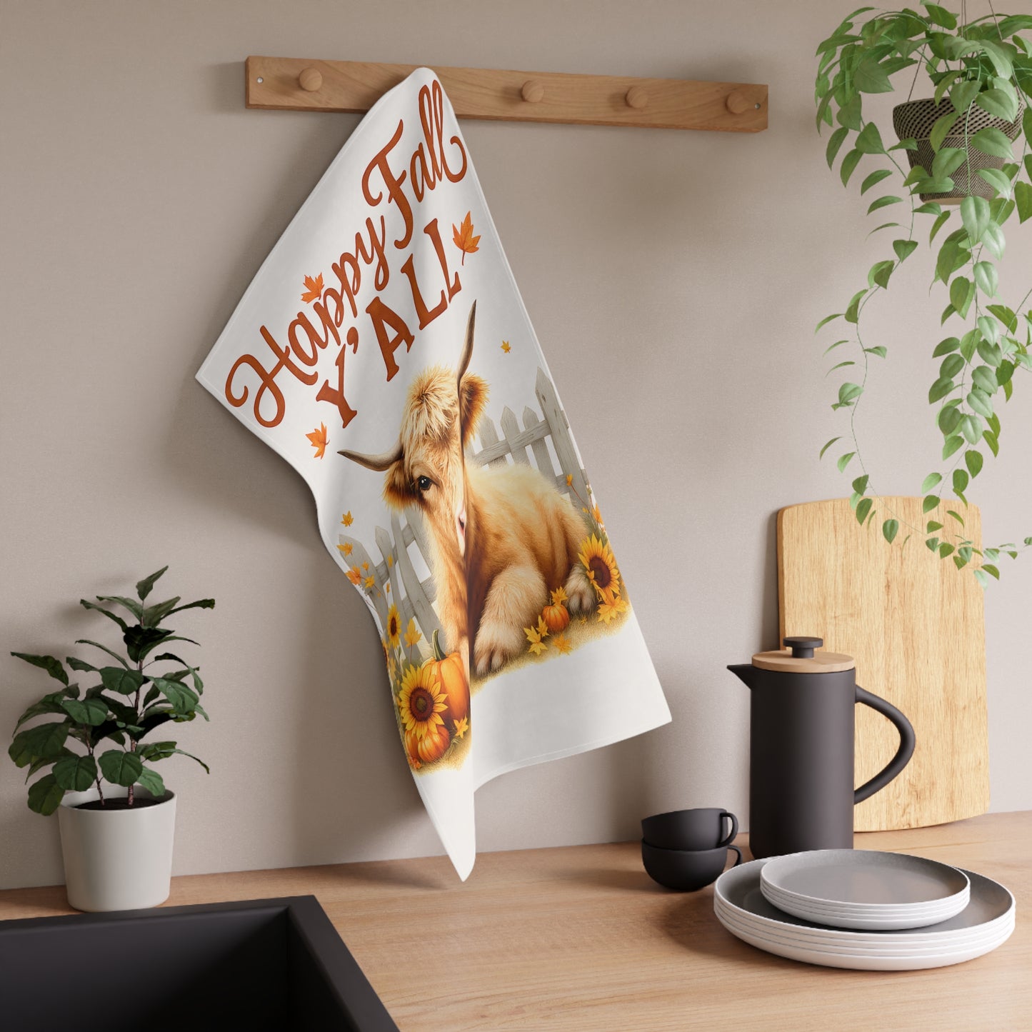 Autumn Cow Tea Towel, Farmhouse Decor, Fall Kitchen Towel, Thanksgiving Gift, Rustic Home Accessory