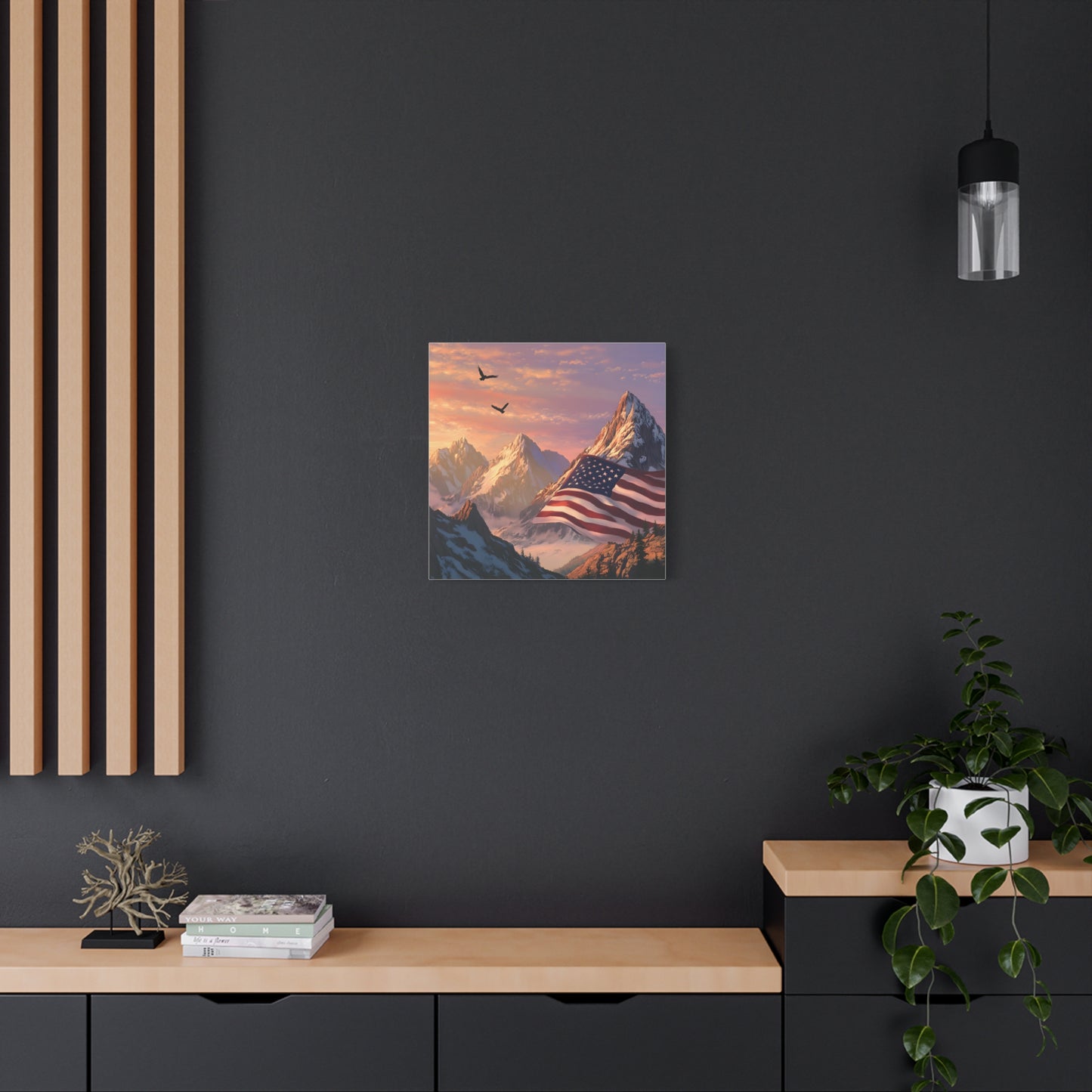 Patriotic Canvas Wall Art, Mountain Landscape with American Flag, Home Decor, Gift for Veterans, Nature Print, 4th of July Decoration