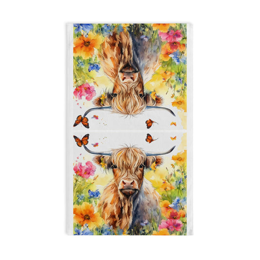 Highland Cow Hand Towel, Farmhouse Kitchen Decor, Floral Bath Towel, Cow Lover Gift, Rustic Home Accessory