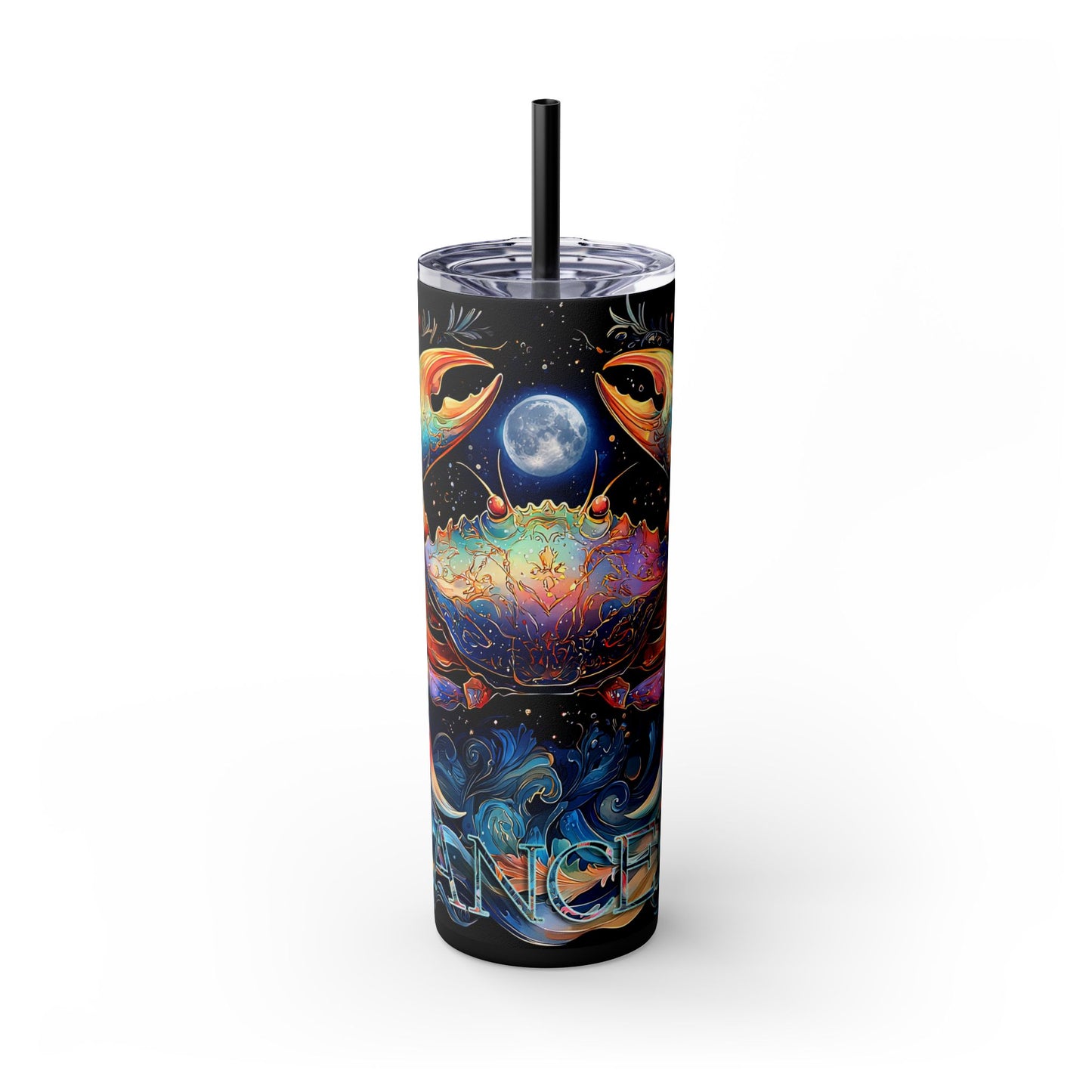 Zodiac Cancer Skinny Tumbler with Straw, 20oz - Astrology Gift, Cute Crab Design, Rainbow Colors, Starry Night Tumbler, Unique Drinkware