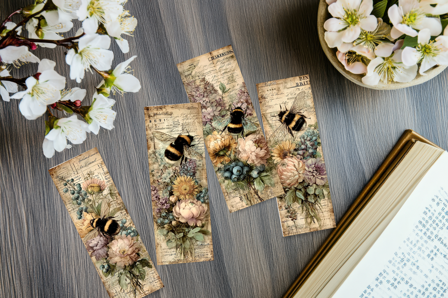 Set of 4 sublimation printed Vintage Bee bookmarks